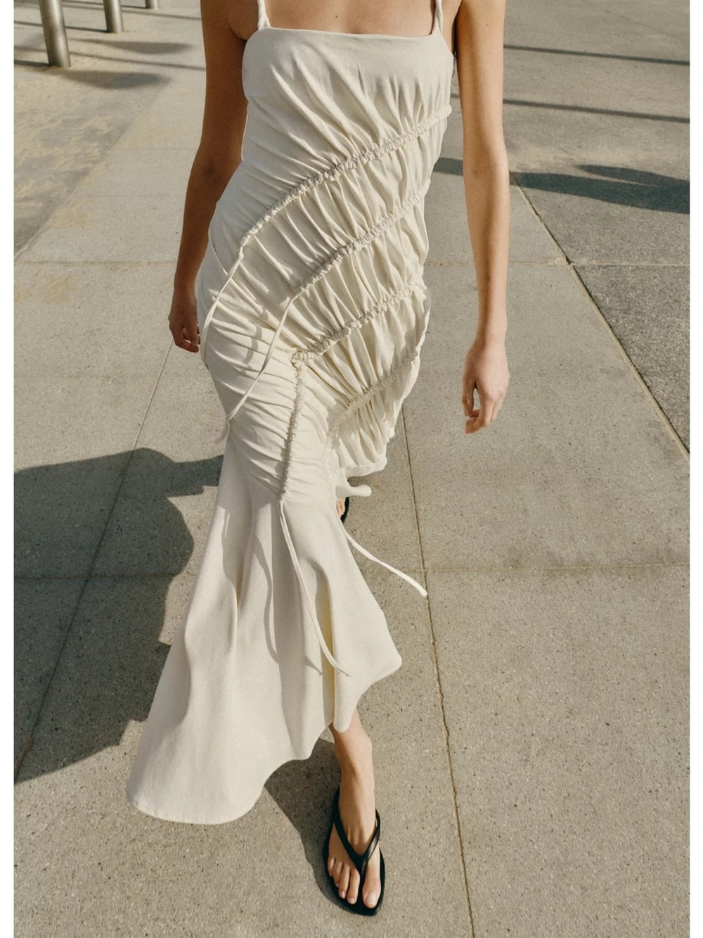 Zara Ruched Spaghetti-Strap Midi Dress in Cream - Picture 2 of 5